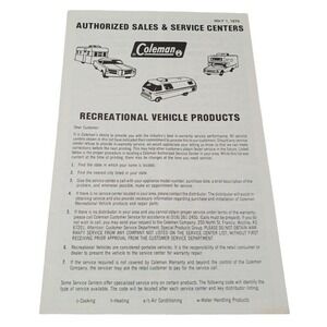 Coleman Authorized Sales & Service Centers 1979 RV Products Directory Manual